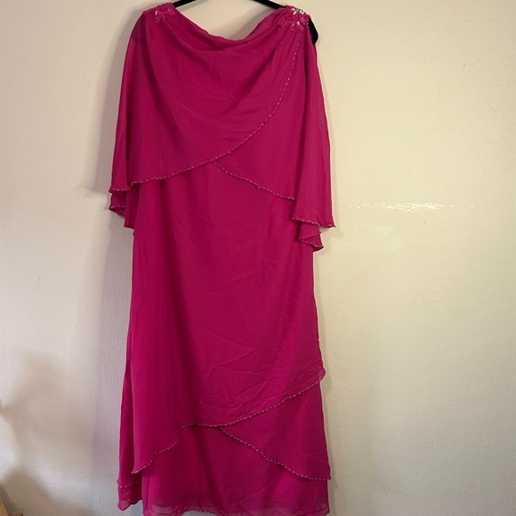 JJ’s House A-line Princess Cowl Neck Tea-Length Chiffon Dress in Fuchsia - Picture 2 of 6